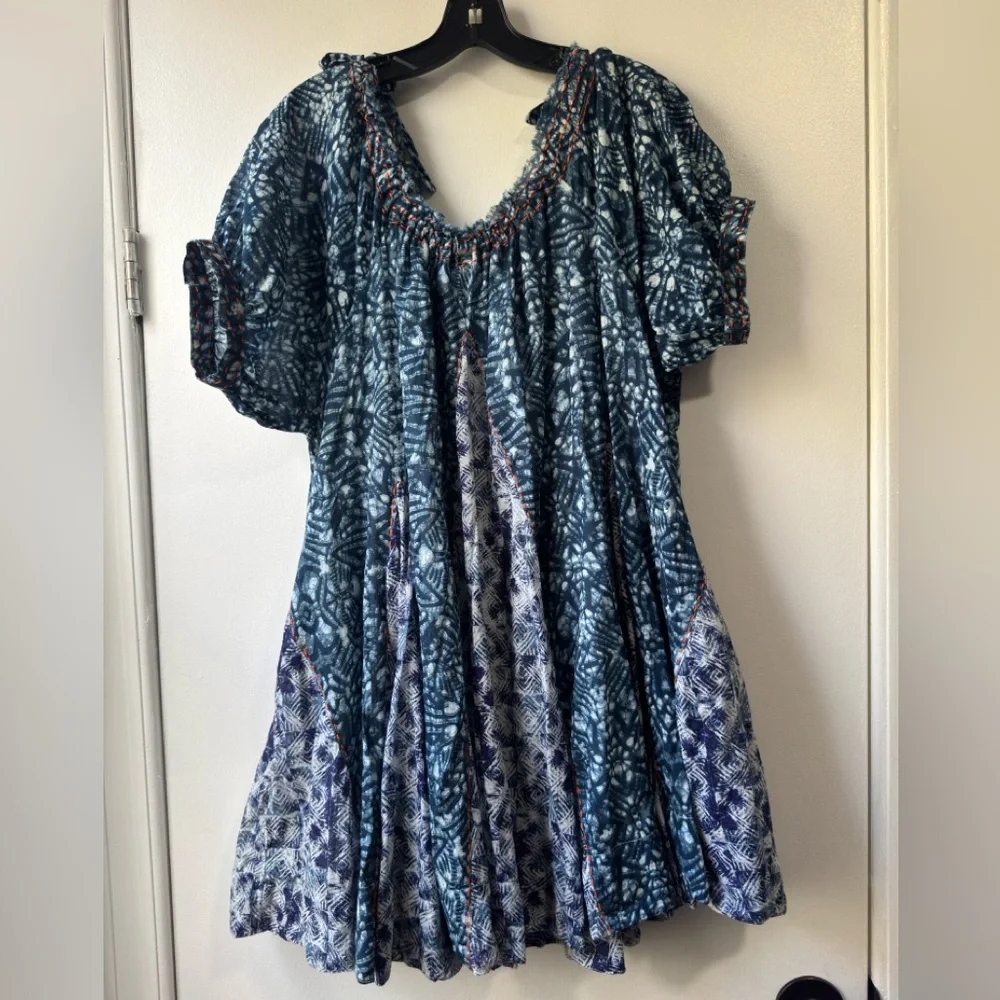 Free People Jet Set Mini Dress Blue Indigo Boho Off Shoulder Abstract